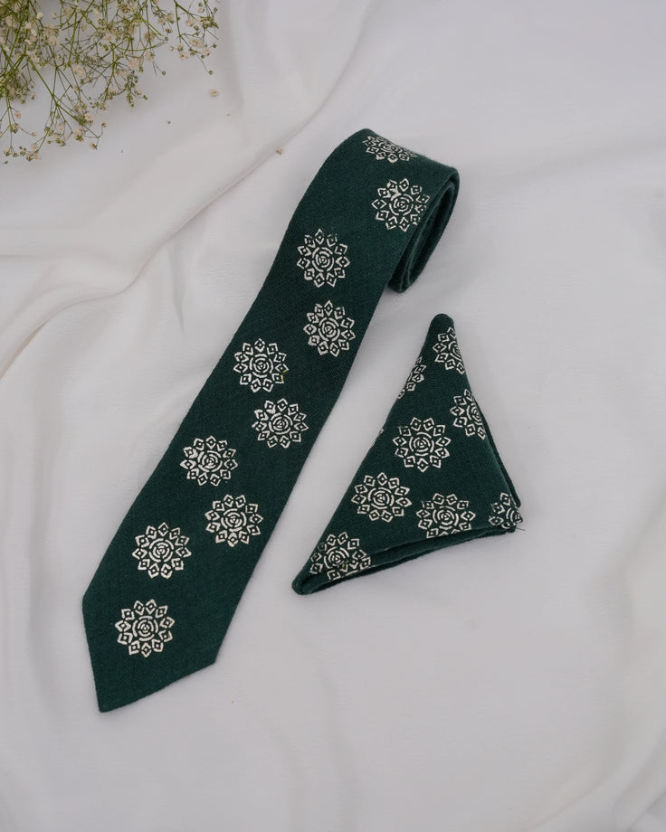 Pure Pashmina Green Tie & Pocket Square Set