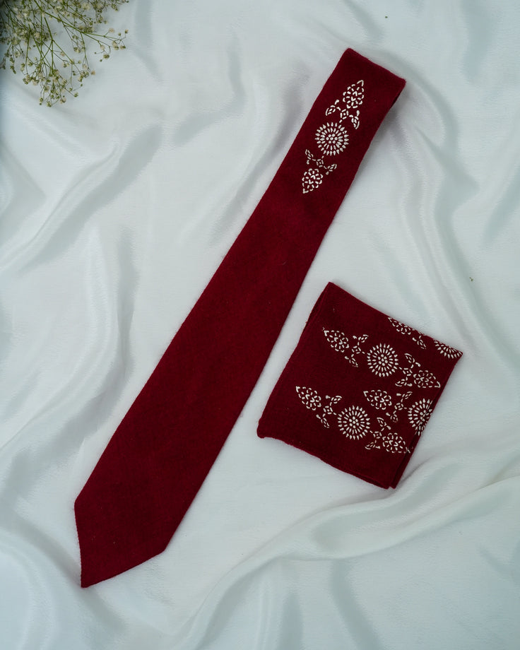 Pure Pashmina Maroon Tie & Pocket Square Set
