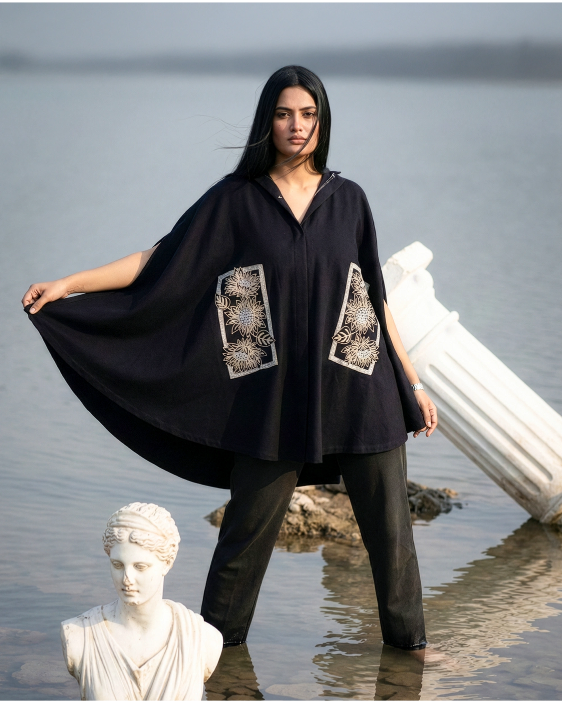 Midnight Harvest Sunflower Embrodiery Cape