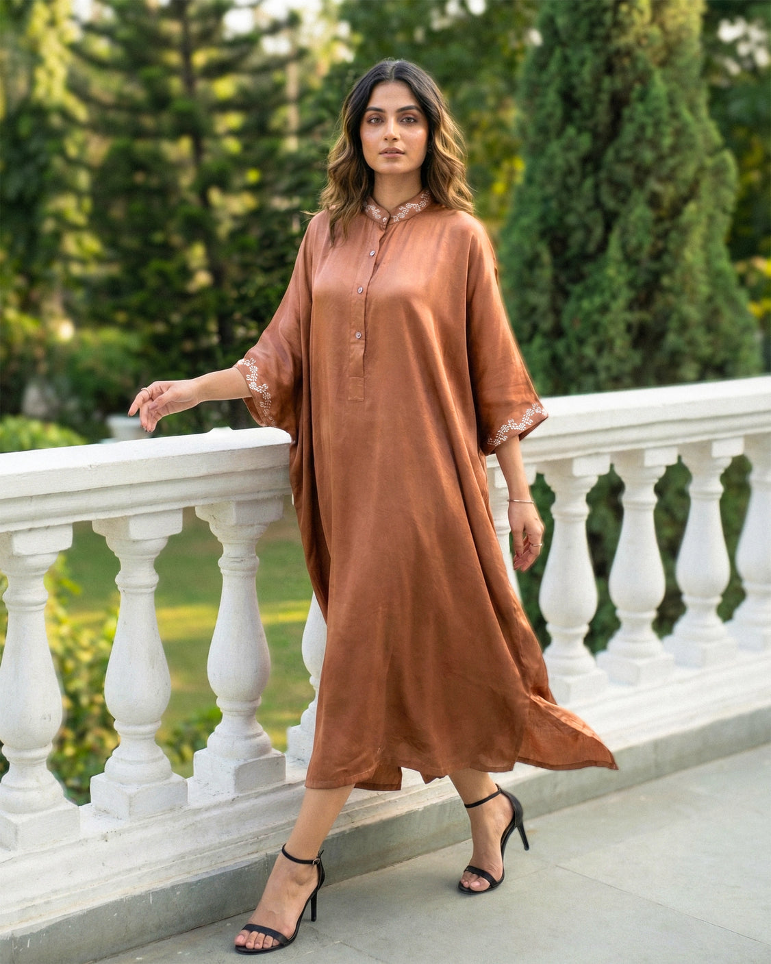 French Beige Real Silver Band Collar Mashru Kaftan