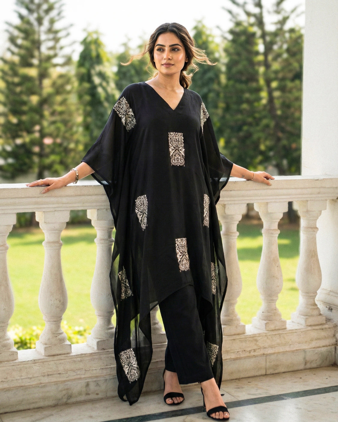 Twilight Bloom Real Silver Silk Kaftan
