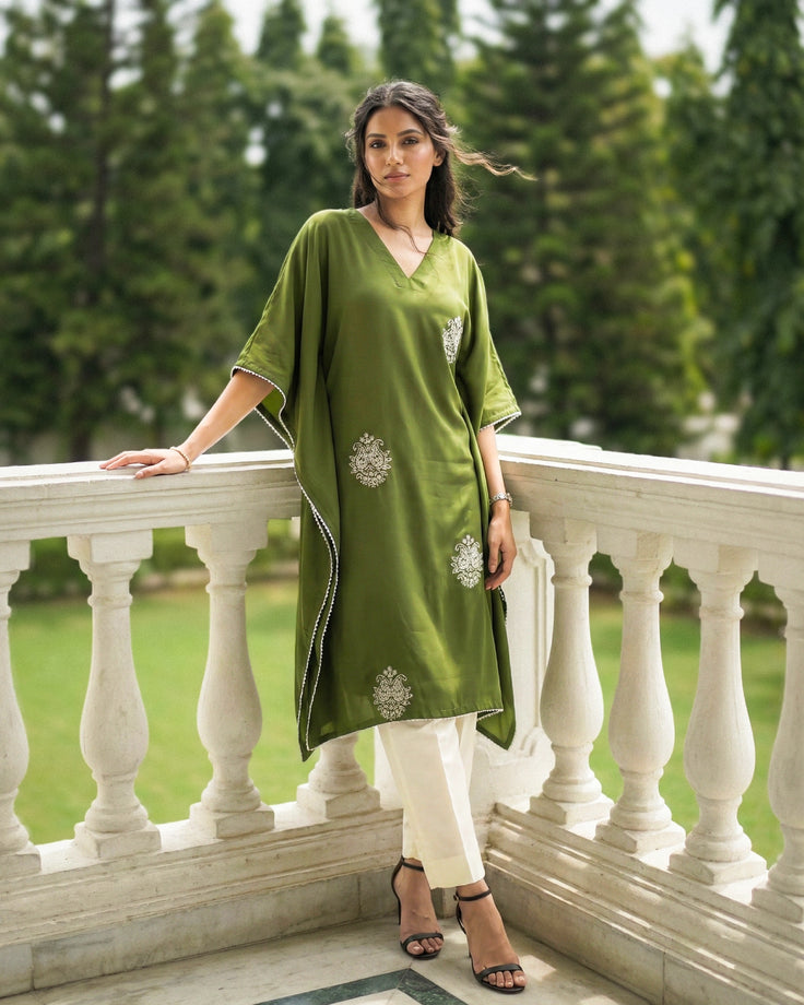 Sage Real Silver Crepe Kaftan