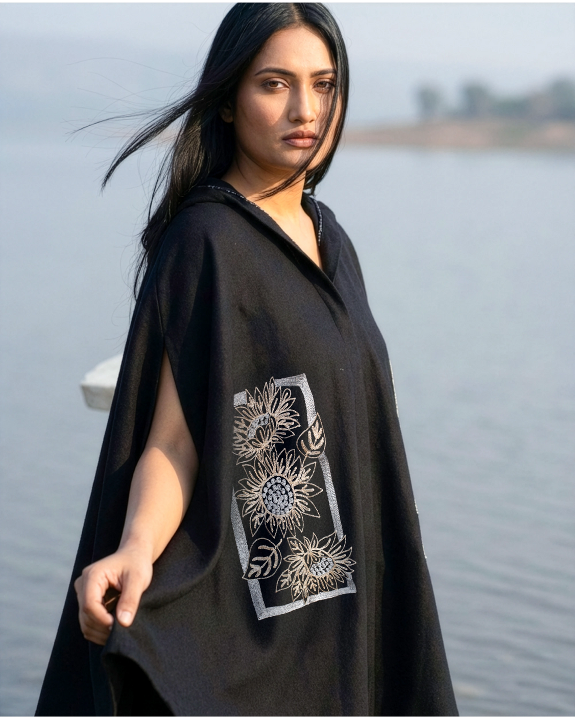 Midnight Harvest Sunflower Embrodiery Cape