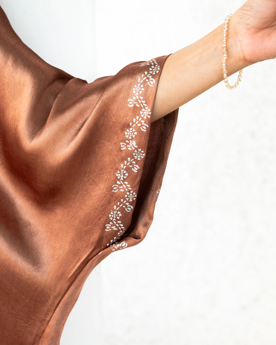 French Beige Real Silver Band Collar Mashru Kaftan