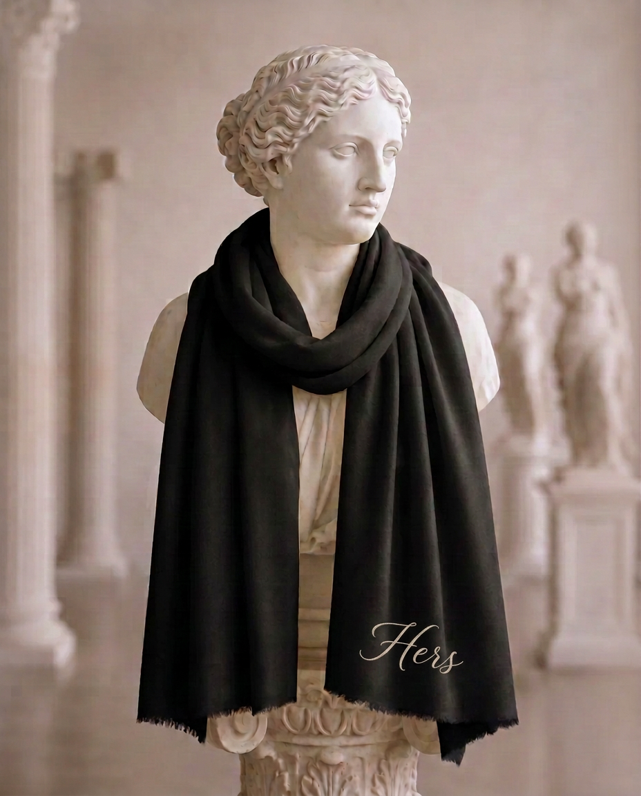 Hers Black Fine Wool Handpainted Scarf