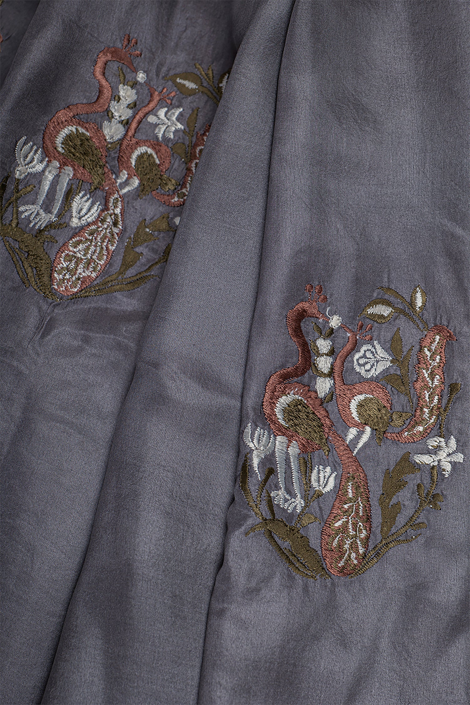 Grey Silk Embroidered Scarf - Conversing Peacocks (Love Jammu & Kashmir)