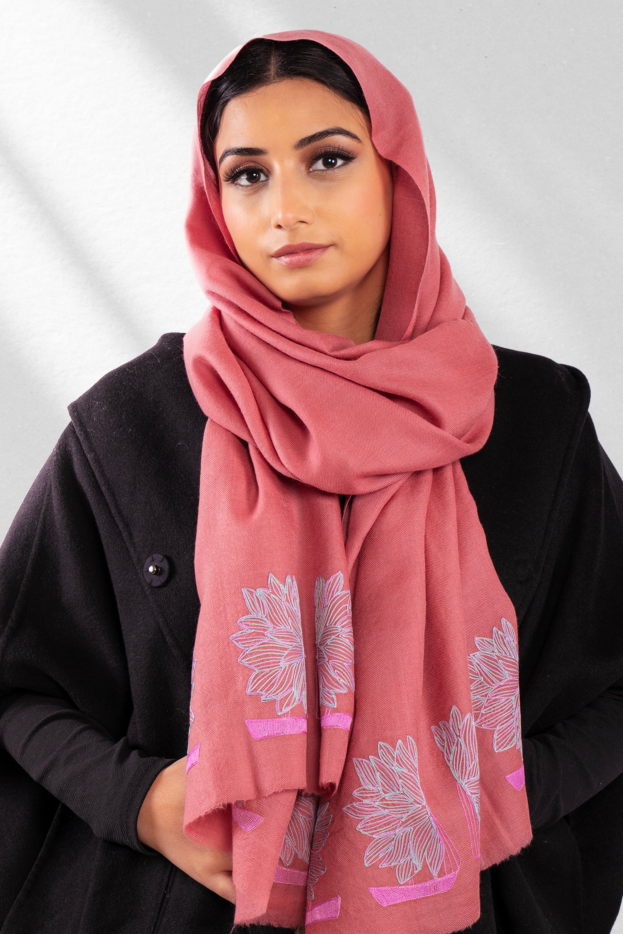 Pink Fine Wool Embroidered Scarf - Ship Flower Ride (We Got You Flowers)