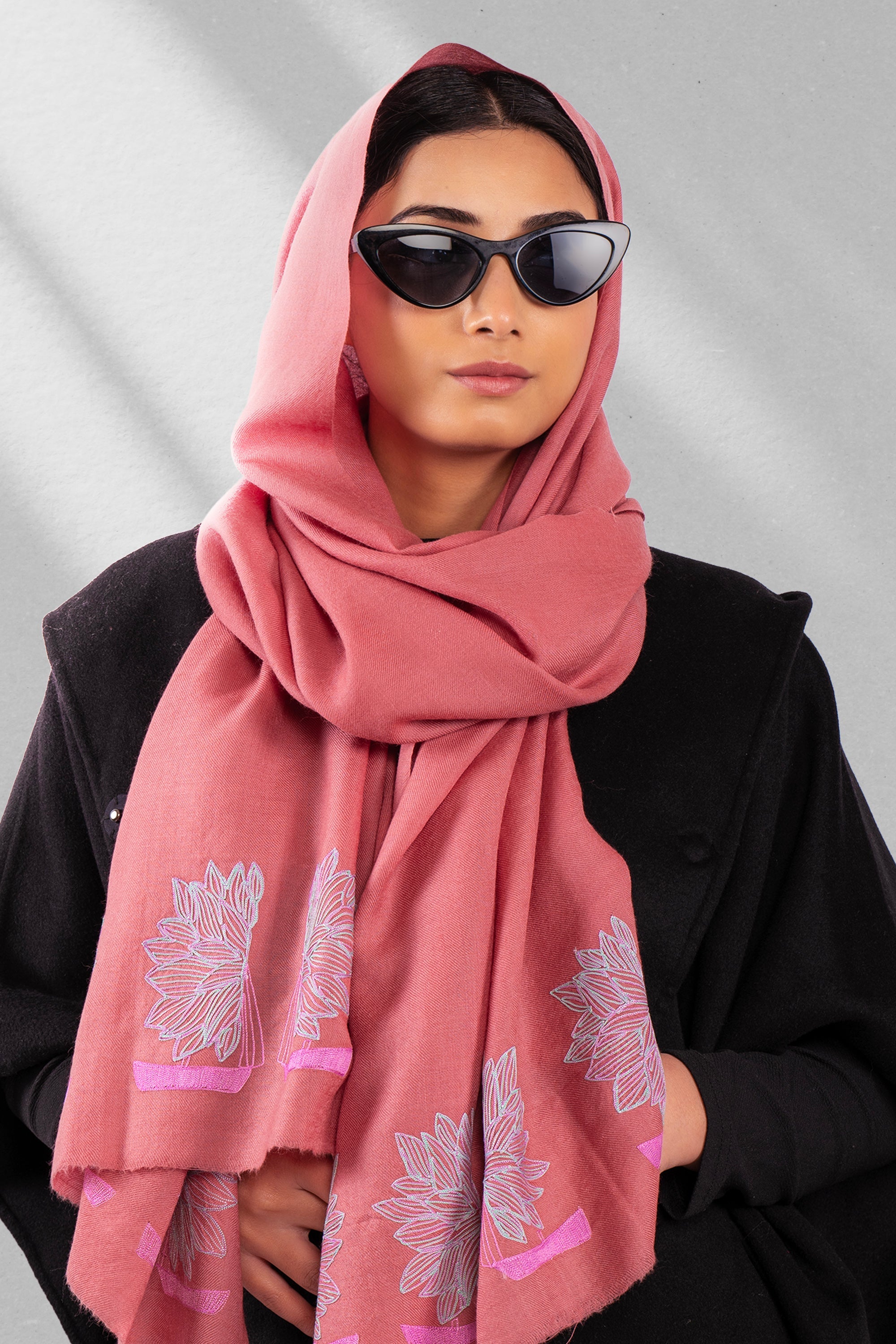 Pink Fine Wool Embroidered Scarf - Ship Flower Ride (We Got You Flowers)