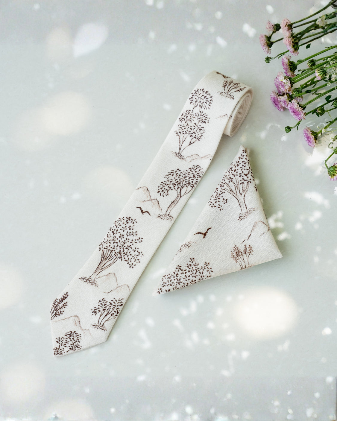 Off White Pure Pashmina Hand-Painted Scarf - Reining Rein Deer & Ivory Hand-Painted Pure Pashmina Tie & Pocket Square Set
