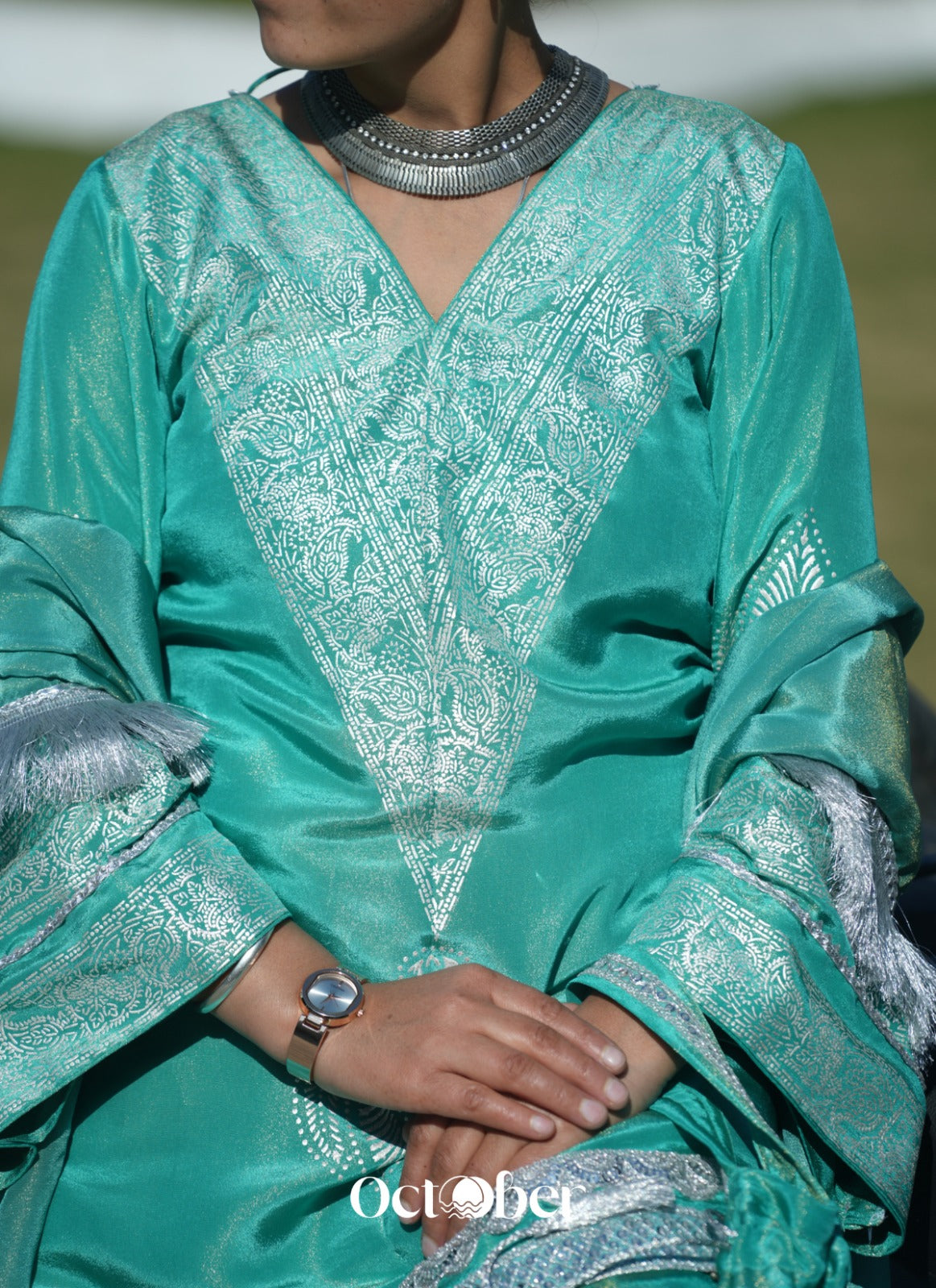 Turquoise Tissue Silk Chandi Suit