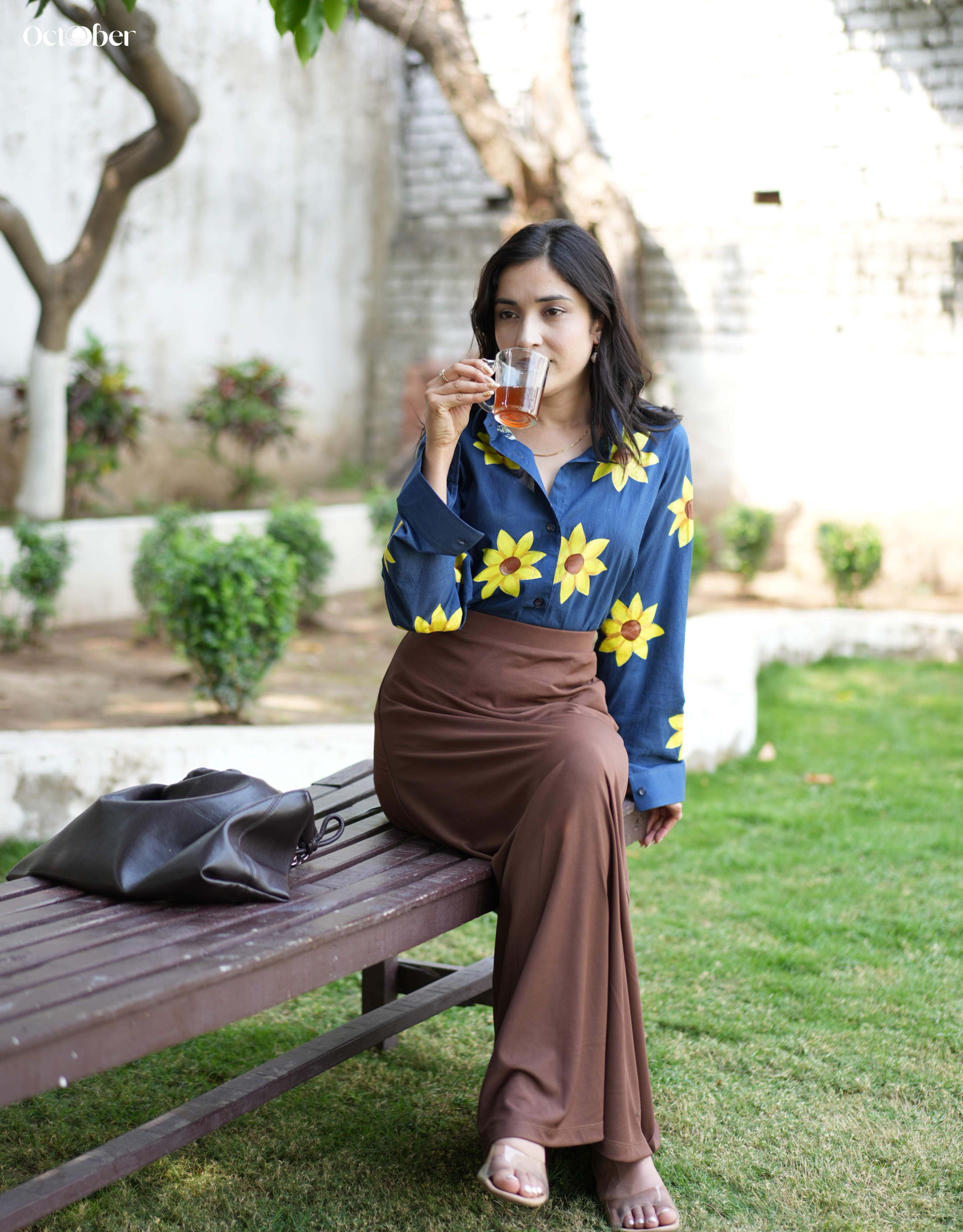Deep Sea Cotton Shirt with Handpainted Sunflowers
