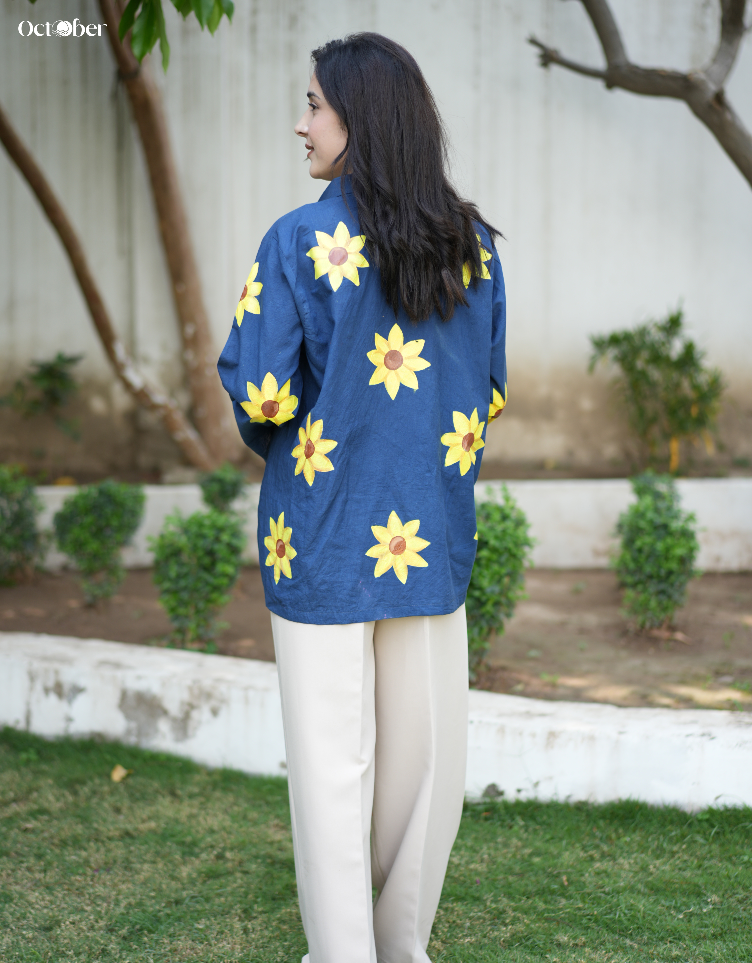 Deep Sea Cotton Shirt with Handpainted Sunflowers